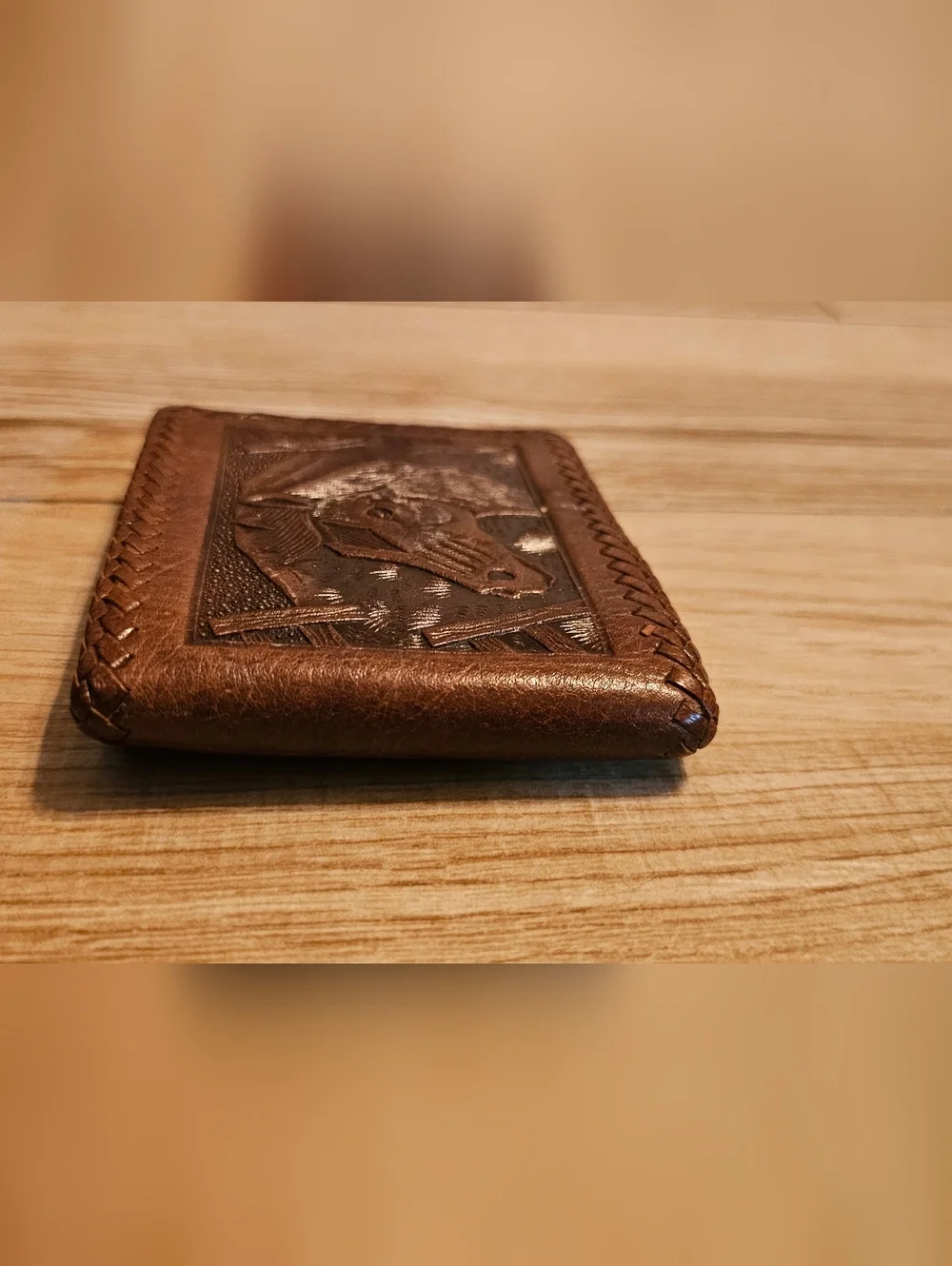 Vintage Tooled Leather Bifold Wallet Hand Crafted Horse Equestrian Brown Laced